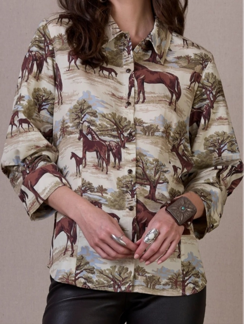 Double D Ranch Cream Shirt with Brown Horse Print